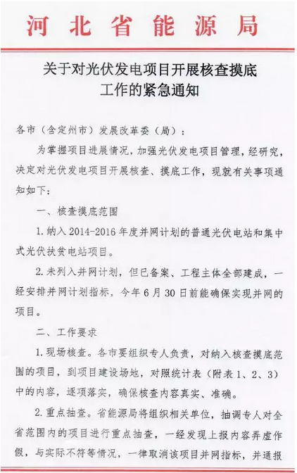 河北能源局下發(fā)《對光伏發(fā)電項目開展核查摸底工作》的通知 弄虛作假取消并網(wǎng)指標！
